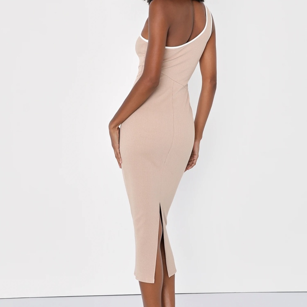 Beige Color Block Ribbed One-Shoulder Midi Dress - Picture 2 of 4